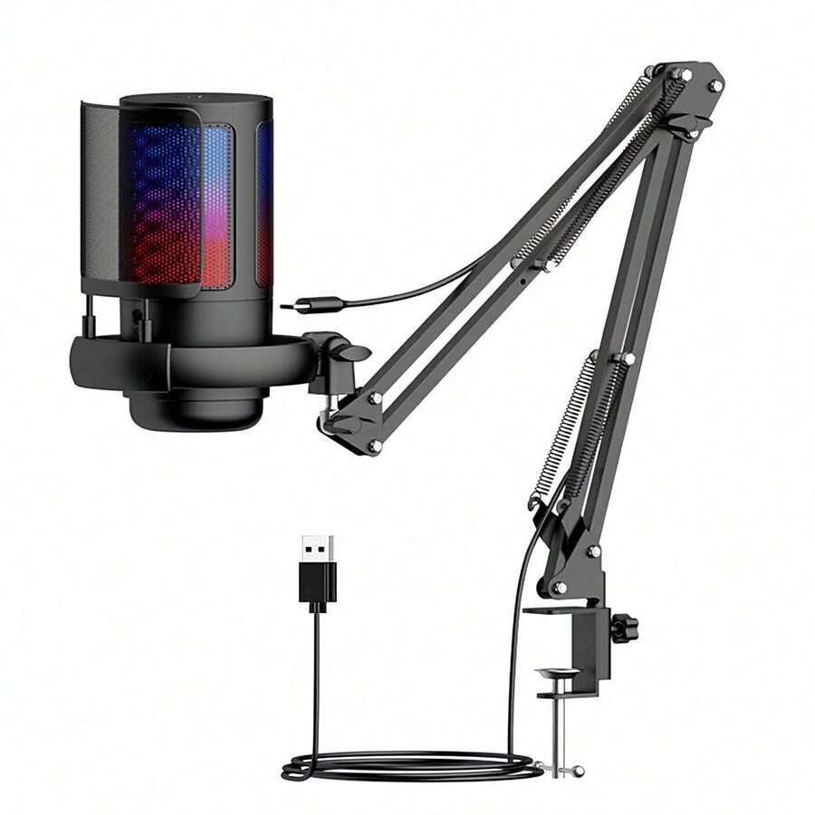 HITOZON Gaming Condenser Microphone, USB-A Plug, RGB Lighting, Boom Arm Stand, Suitable For Video Conferencing, Singing, Live Streaming, Gaming - View 1