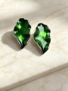 Irregular Wavy Leaf Enamel Drop Earrings, Multi-Color Vintage Metal Earrings, Luxury Daily Wear Jewelry For Women - Multicolor - View 11