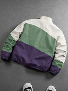 Spring/Autumn Niche American Street Style Thin Jacket, Fitted Slightly Loose Niche American Colorblock Stand Collar Windbreaker, Adjustable Drawstring Hem Loose Contrast Color Casual Zipper Jacket, Printed Jacket Spring/Autumn Niche Vintage Stand Collar Top - Green - View 2
