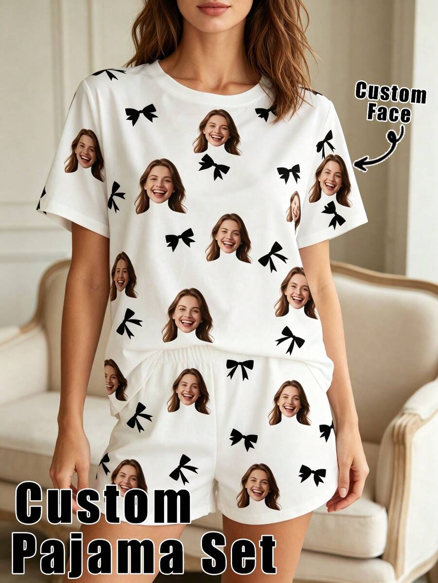 Women's Customized Pajama Set, Suitable For Spring Wardrobe, Includes Personalized Pattern Design Pajamas - Multicolor - View 1