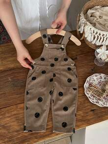 INS Baby Girls Vintage Brown Tennis Polka Dot Overalls, Loose Adjustable Shoulder Straps, Spring/Autumn Long Pants - Khaki - View 12