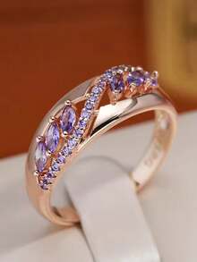 1 Pc Elegant Purple Marquise Cubic Zirconia Leaf Vine Rose Gold-Tone Women's Ring, Anniversary Party Jewelry Gift For Her - Ring - View 8