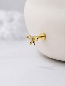 1pc Fashion 925 Sterling Silver Original Cute Bow Earrings, Pure Silver Plated 14K Gold Flat Back Piercing Ear Cartilage Low Hypoallergenic Stud Earrings, Stackable Ear Cuff Piercing Jewelry Suitable For Women's Daily Casual Wedding Wear - Yellow Gold - View 10