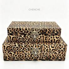 1 Set Of 2 Small & Large PU Leather Jewelry Boxes, Rhinestone Leopard Head Clasp Leopard Print Lidded Accessory Organizer, Velvet Lined Storage Box For Bedroom Vanity Home Decor Gift - Black and Pink - View 14