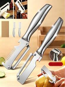 2/1pc Multi-Function Peeler, Stainless Steel Fruit And Vegetable Peeling Tool, Green Onion Shredder, Dual Blade Potato Peeler, Hanging Hole Portable Design. Suitable For Carrots, Potatoes, Sugarcane, Pumpkin And Other Fruits And Vegetables, Essential Kitchen Tool, Holiday Gift For Women, Mothers, Teachers. - Silver - View 17