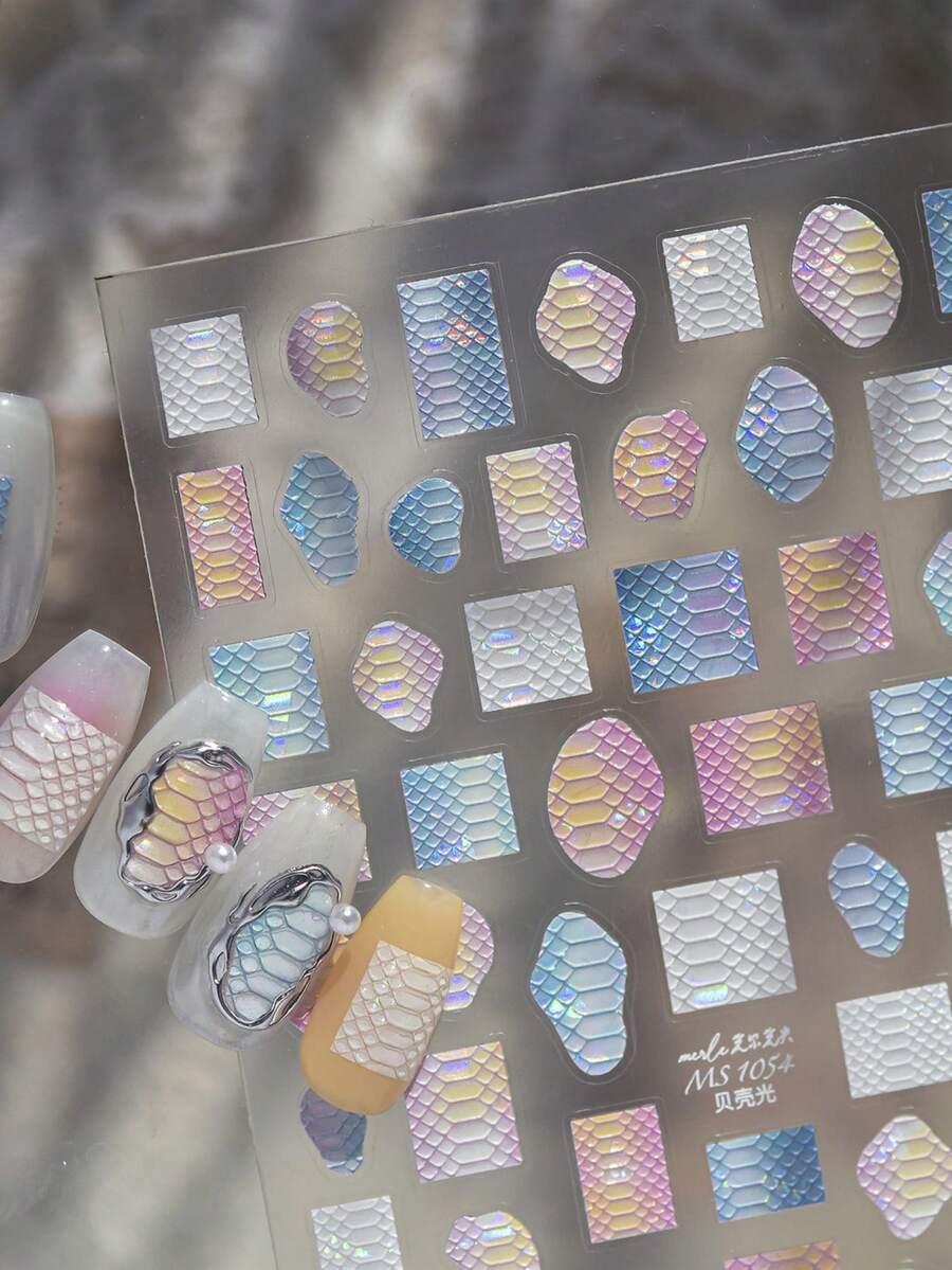 1 Sheet Of 3D Iridescent Rainbow Shell Pearlescent Macaron Gradient Snake Mermaid Scale Self-Adhesive Y2K Dopamine Nail Stickers For Summer Beach And Daily Use, DIY Nail Decorations For Women And Girls - Multicolor - View 1