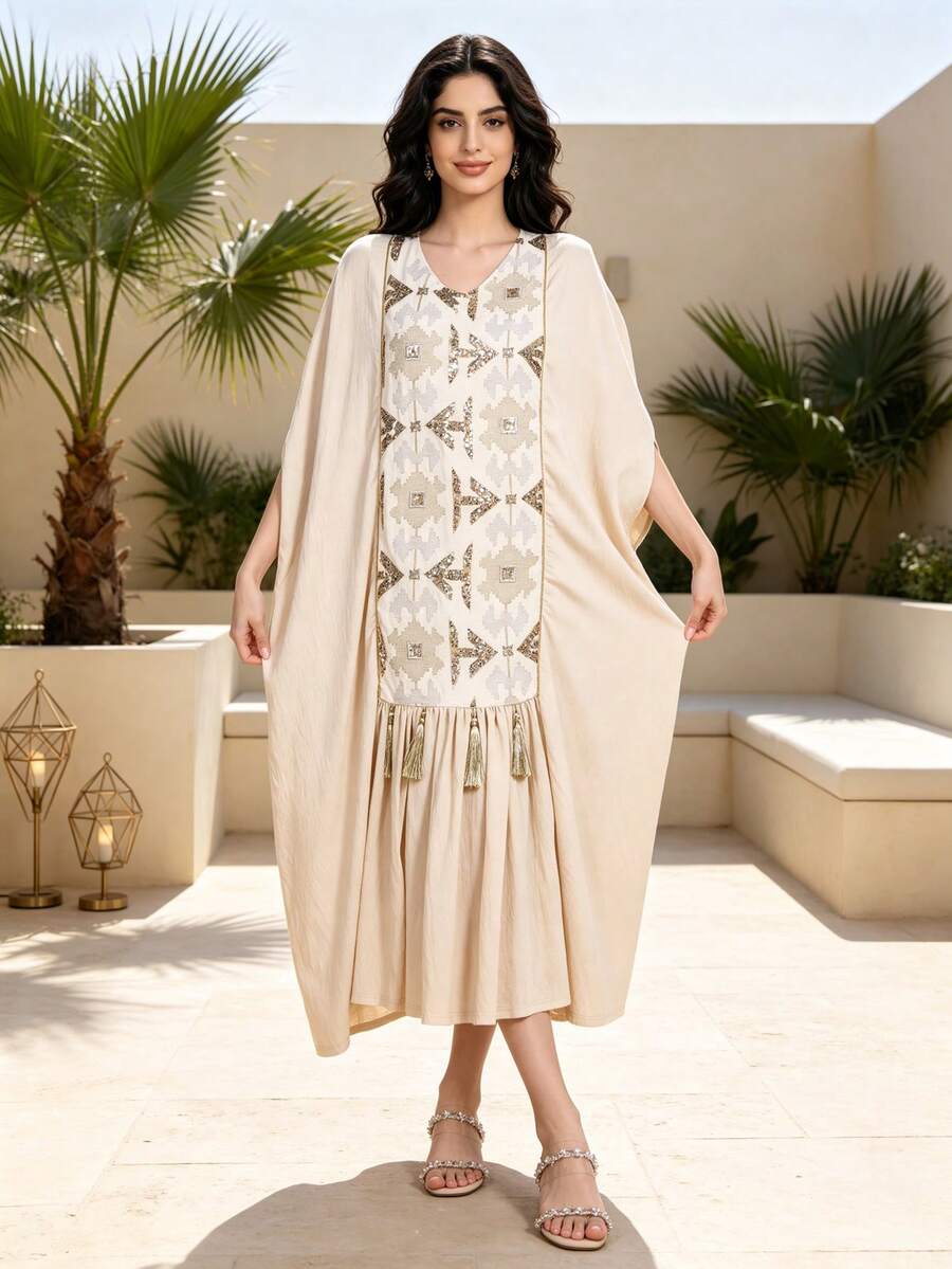 2026夏季/秋季重工串珠刺繡阿拉伯女款杏色優雅長裙，JALABIYA拼接下擺，休閒派對穿搭