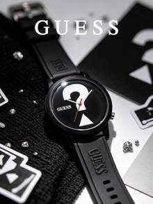 GUESS 啞光黑一體式錶殼 巨型問號錶盤 壓紋 Logo 矽膠錶帶 雙針中性石英手錶 V1041M2 - 黑色 - 查看 2