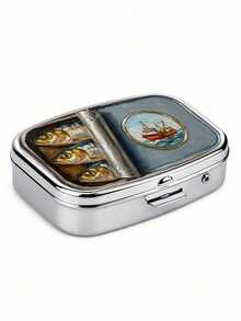 1pc Classic Open Sea Fish Pattern Fishing Boat Square Pill Box, Traditional Nautical Realistic Style, 2-Compartment Portable Storage Box For Bag Accessories And Supplements, Outdoor Portable Pill Box - Multicolor - View 11