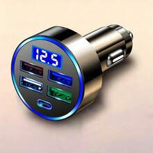 1入黑色4-usb端口帶type-c汽車充電器適配器,具有電壓和電流的led顯示屏 - 黑色 - 查看 2