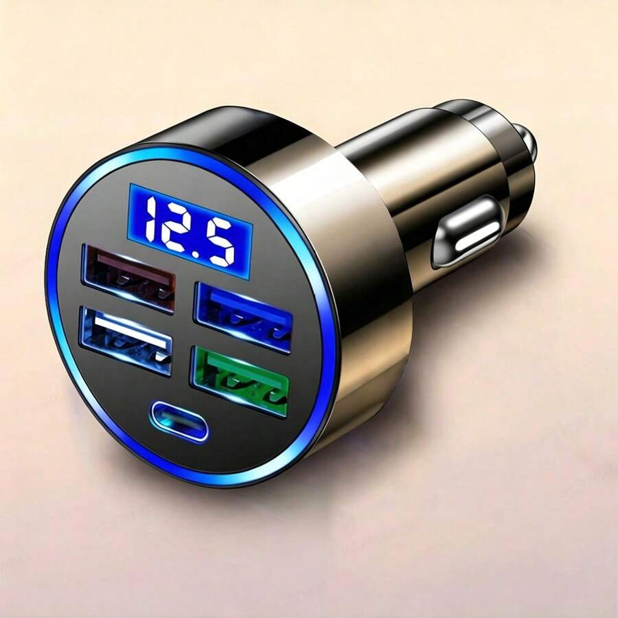 1入黑色4-usb端口帶type-c汽車充電器適配器,具有電壓和電流的led顯示屏