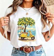1 camiseta casual de algodão com decote em V, estampa vintage italiana ...
