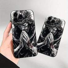 [24h Versand Aus DE/FR/ES]Schwarz-Weiß Dornenkrone betende heilige Figur Skizzen-Muster matte stoßfeste Handyhülle kompatibel mit iPhone 11 12 13 14 15 16e 17 Air Plus Pro Max, Galaxy S21 S22 S23 S24 S25 S26 Ultra Edge FE Plus, kratzfest weiche Schutzhülle, bedeutungsvolles christliches religiöses Geburtstags- und Feiertagsgeschenk für Glaubensbekenner Männer und Frauen - 1 Hauptbild - Übersicht 2