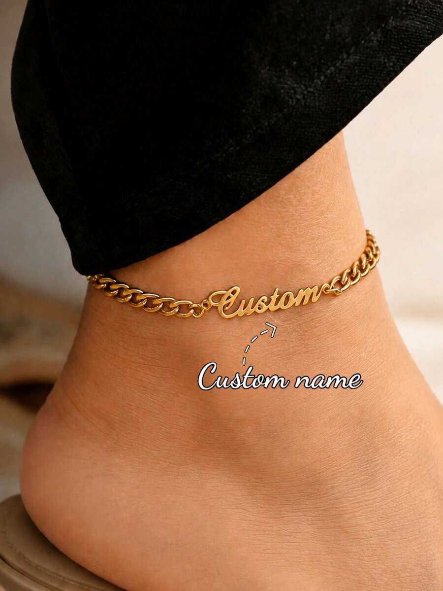 Customized 5NK Beach Name Chain, Personalized Letter Name Stainless Steel Adjustable Anklet, Waterproof & Fade-Resistant Anklet For Vacation, Women Gift - Gold - View 1