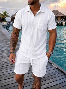 Men's Polo Shirt Set, Knitted, Casual, Mature, Daily Wear - White - View 1