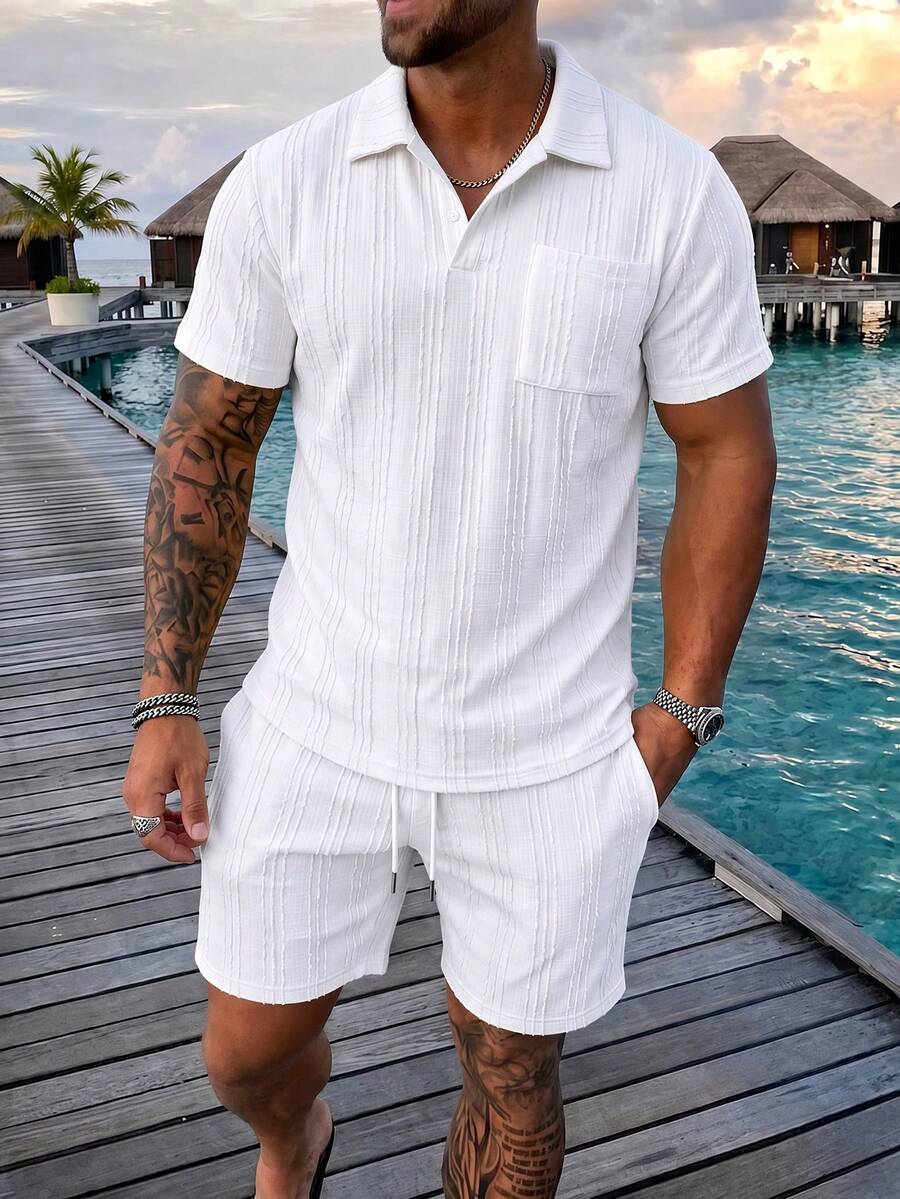 Men's Polo Shirt Set, Knitted, Casual, Mature, Daily Wear - White - View 1