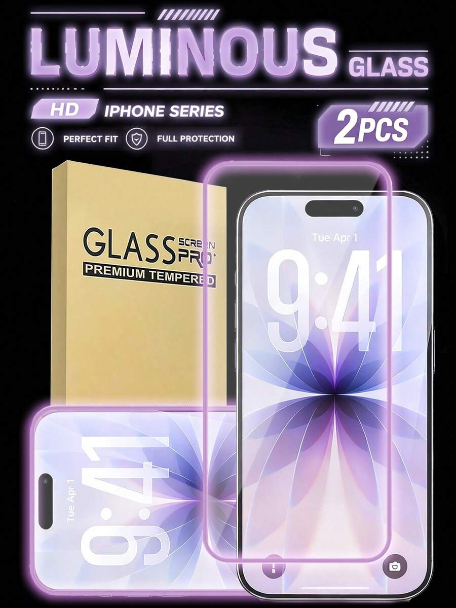MIGAE 2pcs Pink Inflatable Film, Night Glow, High Definition Tempered Glass Screen Protector, Sweat-Proof, Shatter-Proof, Anti-Theft, Compatible With IPhone 11/12/13/14/15/16/16 Plus/16 Pro/16 Pro Max/16e/17/17 Air/17 Pro/17 Pro Max/17e/18 Pro/18 Pro Max - Mauve Purple - View 1