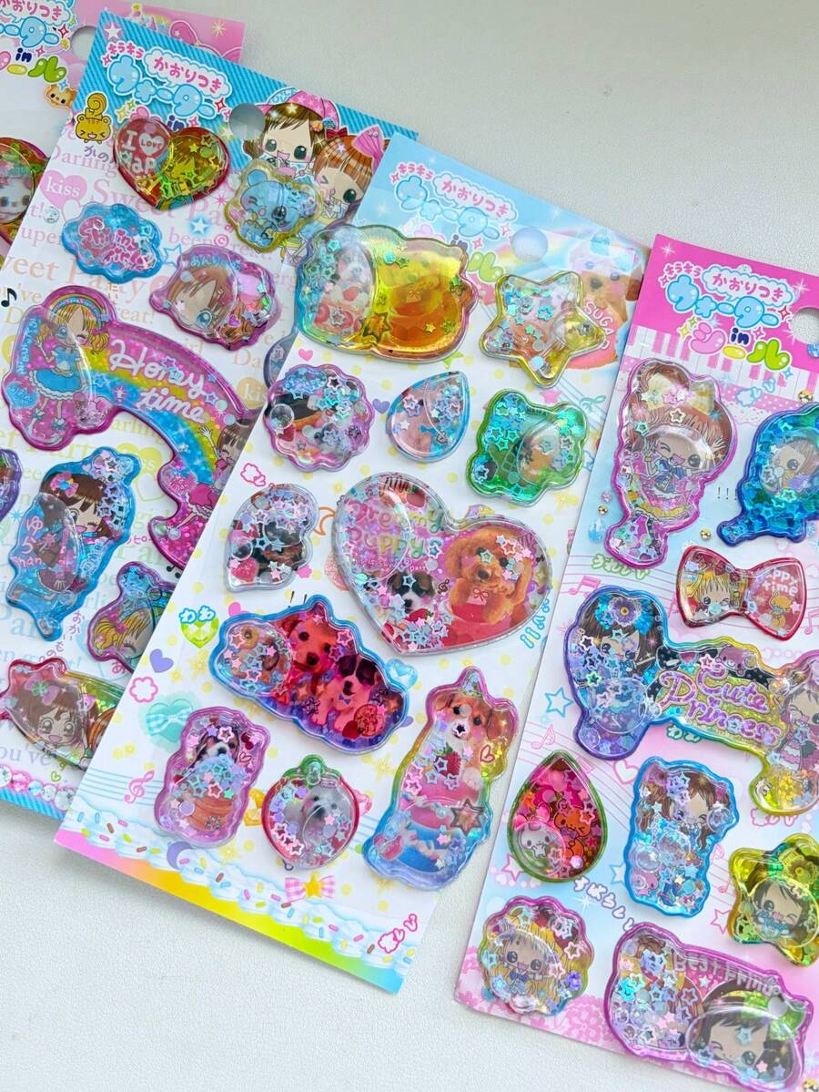 Japanese Vintage Girl Shake Water Filled Stickers 3D Glitter Liquid Decals Kids Reward Handmade Journal Phone Decor - Color - View 1