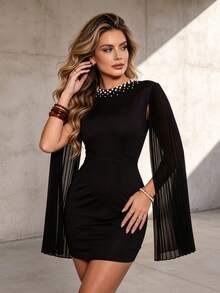 Joyfunear Women's Pleated Split Sleeve Fitted Dress Elegant Black - Black - View 3
