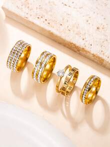4pcs/Set Stainless Steel 18K Gold Plated Rhinestone Rings, Fashion Exquisite Versatile Double Row Full Zirconia Single Row Zirconia Roman Numeral Double Layer Single Diamond Women's Luxury Stackable Ring Set, Daily Commute Date Gift Jewelry Set - Gold - View 2