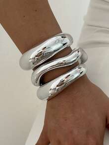 3/1pc Set Vintage Exaggerated Bohemian Style Wide Wave & Geometric Shape CCB Material Silver Open Bangle Bracelet For Women, Spring/Summer Daily, Party, Beach, Vacation, Gift Accessory - Silver - View 4