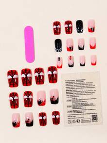 24pcs Halloween Fake Nails Spider Design Red Rhinestone Embellished Fashion Holiday Atmosphere Accessory Women's Accessory Press-On Removable Reusable Nail Set Perfect For Holiday Party Daily Wear Gift Choice - Multicolor - View 2