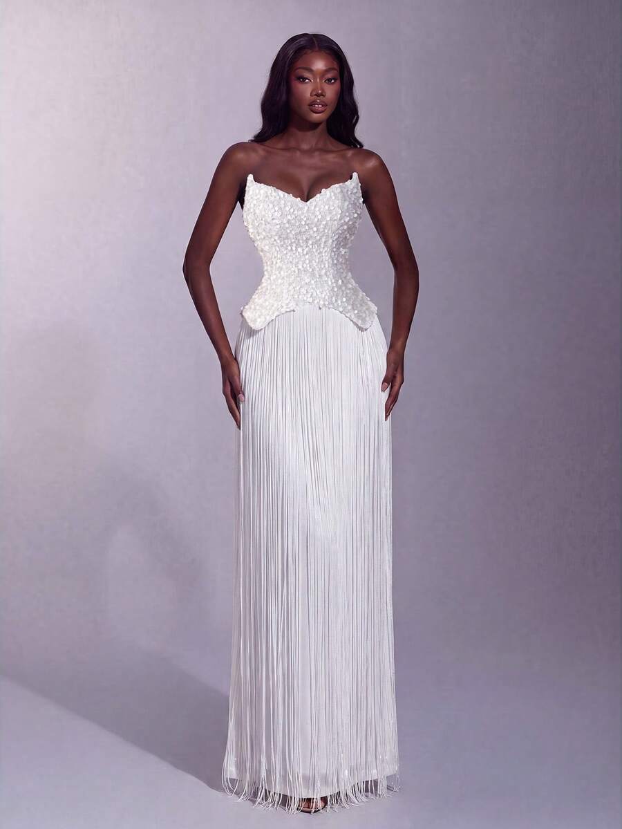 Elegant Heart-Neckline Tassel Evening Gown With Sequin Corset, Slim Fit Silhouette White Wedding Party Fall - White - View 1