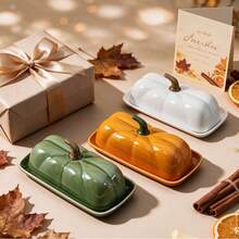 1pc Pumpkin Shaped Ceramic Butter Dish With Lid, Autumn Harvest Thanksgiving Decorative Butter Container, Covered Butter Tray For Kitchen Counter Dining Table Home Party, Thanksgiving Harvest Gift For Kitchen Lovers - View 12