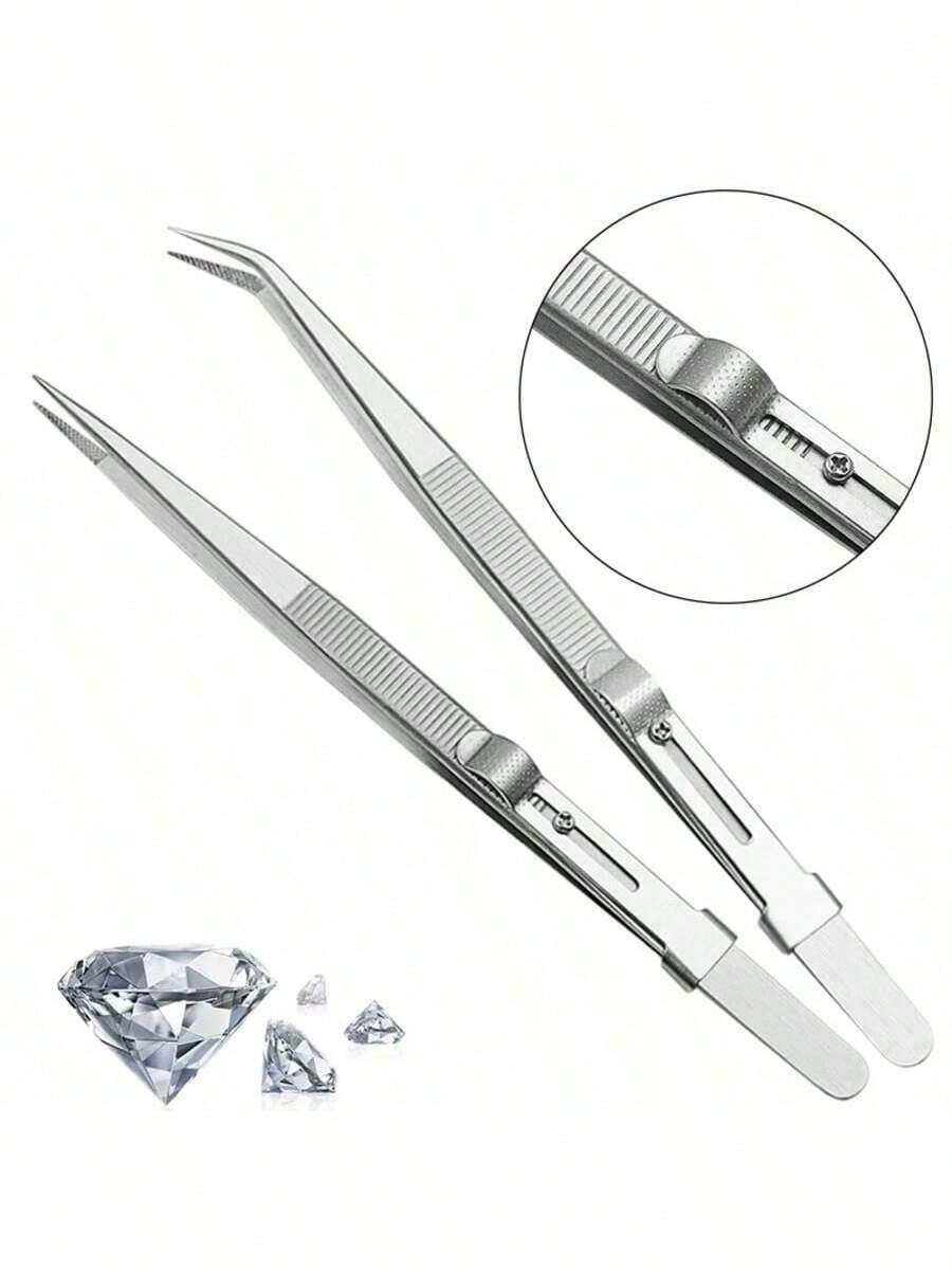 2/1sets Jewelry Tweezers, Non-Slip Jewelry Pliers, Stainless Steel Pointed Tweezers With Groove, Designed For Gemstones And Diamonds, Adjustable Sliding Lock Anti-Static Tweezers, Electronic Component Repair Tool, Tool, Home Improvement Tool, Hand Tool, Tweezers - A - View 1