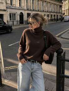 Women's Cozy Chocolate Brown Knit Turtleneck Sweater, Long Sleeve Pullover For Fall & Winter Daily Wear - Brown - View 1