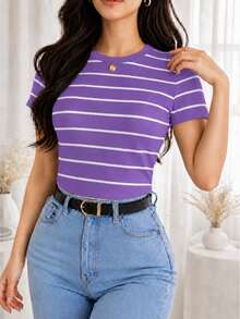 Women's Basic Ribbed Cotton Striped Blouse - Lila - Ver 2