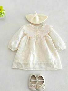 1pc Baby Girl Lace Peter Pan Collar Long Sleeve Soft Dress - Beige - View 8