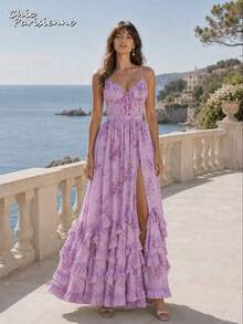 Purple Floral Chiffon V-Neck Backless Tiered A-Line Maxi Dress - 紫色 - 查看 3