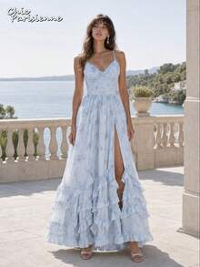 Sky Blue Floral Chiffon V-Neck Backless Tiered A-Line Maxi Dress - 天藍色 - 查看 4