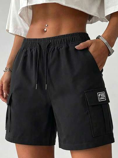 Women's Lightweight Elastic Cargo Shorts, Fashion Side Pockets Loose Fit Daily Walking Sports Black Shorts