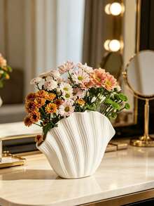 Jarrón de cerámica con forma de concha blanca, jarrón decorativo de flores con textura acanalada minimalista moderna para sala de estar, mesa de comedor y decoración del hogar - Jarrón de conchas marinas - Ver 1