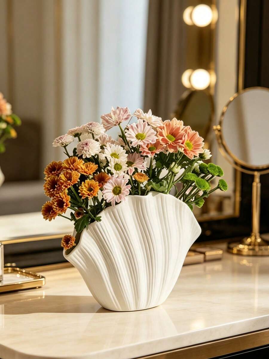 Jarrón de cerámica con forma de concha blanca, jarrón decorativo de flores con textura acanalada minimalista moderna para sala de estar, mesa de comedor y decoración del hogar - Jarrón de conchas marinas - Ver 1