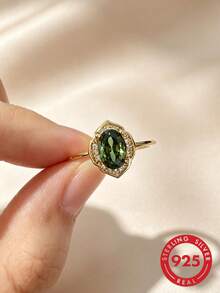 1pc S925 Sterling Silver Vintage Delicate Synthetic Zirconia Olive Green Geometric Ring, Elegant & Charming Daily/Party Wear Bohemian Quality Jewelry For Women - Yellow Gold - View 1
