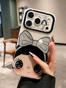 1pc Cute Doll Phone Case, High-Definition Printing Glitter Lens Frame + Big Bow Pattern, Scratch-Resistant Wear-Resistant Full Coverage Soft Shell, Compatible With Apple 17/16/15/14/13 Pro Max, Sweet Cute Style, Daily Anti-Drop Anti-Scratch Protection - Black and White - View 3