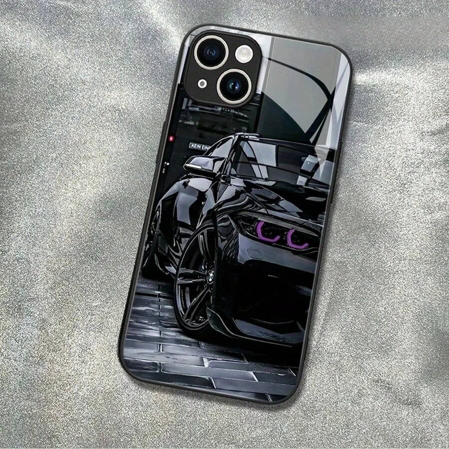 Black Car Pattern Tempered Glass Phone Case Suitable For IPhone 17 16 15 14 13 12 11 Pro/Max/Plus Shockproof Back Cover - JMH - 查看 1