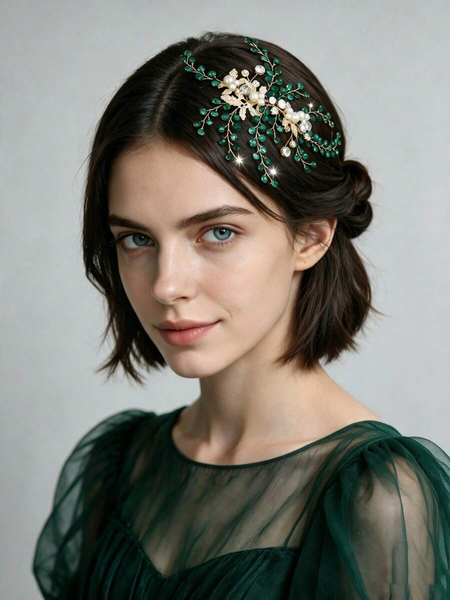 1pc Vintage Gold Branch Rhinestone Pearl Side Hair Comb, Premium Bohemian Indoor Castle Wedding Photography Bridal Styling Wedding Accessory Headpiece - Multicolor - View 1