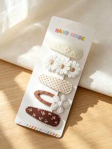 5pcs Handmade Daisy Hair Clips Set, Vintage Lace Embroidered Flower Hair Clips, Polka Dot And Plaid Print Fabric Hair Clips, Suitable For Children - Multicolor - View 12