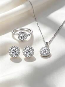 3pcs/Set S925 Sterling Silver Round Halo Moissanite Women's Jewelry Set, Pendant Necklace, Earrings And Ring, Wedding Jewelry, Anniversary Gift For Her - Silver - View 3