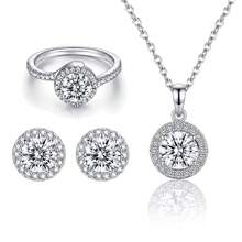 3pcs/Set S925 Sterling Silver Round Halo Moissanite Women's Jewelry Set, Pendant Necklace, Earrings And Ring, Wedding Jewelry, Anniversary Gift For Her - Silver - View 9