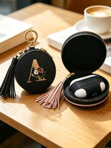 Floral Pattern Key Pouch, Multifunctional Earphone Bag, Data Bag, With Gold 26 Letters A-Z Pattern, Zipper Key Storage Bag, PU Faux Leather Organizer Bag, Zipper Bag, Car Key Storage Bag, Car Keychain, Portable Compact Key Pouch, Minimalist Design, Travel Accessory, Elegant Jewelry, Suitable For Home, Office, Travel, Car, Ideal Gift For Friends, Family, Couples Wedding, Mother's Day - Multicolor - View 3