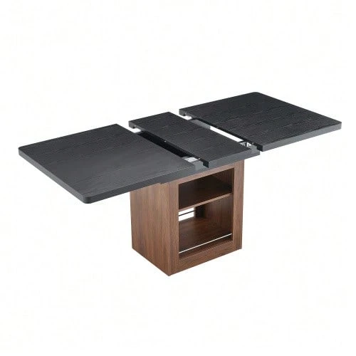 Extendable Dining Table With Leaf, Black Wood-Effect Top, Walnut-Colored Legs, Approx. 130-160 Cm Long, Table Only (Chairs Not Included) - 黑色 - 查看 1
