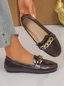 Light Luxury Vintage Burgundy Flat Loafers, Thick Gold Chain Decor Round Toe Soft Cushioned Insole Women Slip-On Breathable Pressure Relief Daily Office Commute Class Shopping Shoes - Wine Red Beauty - View 5