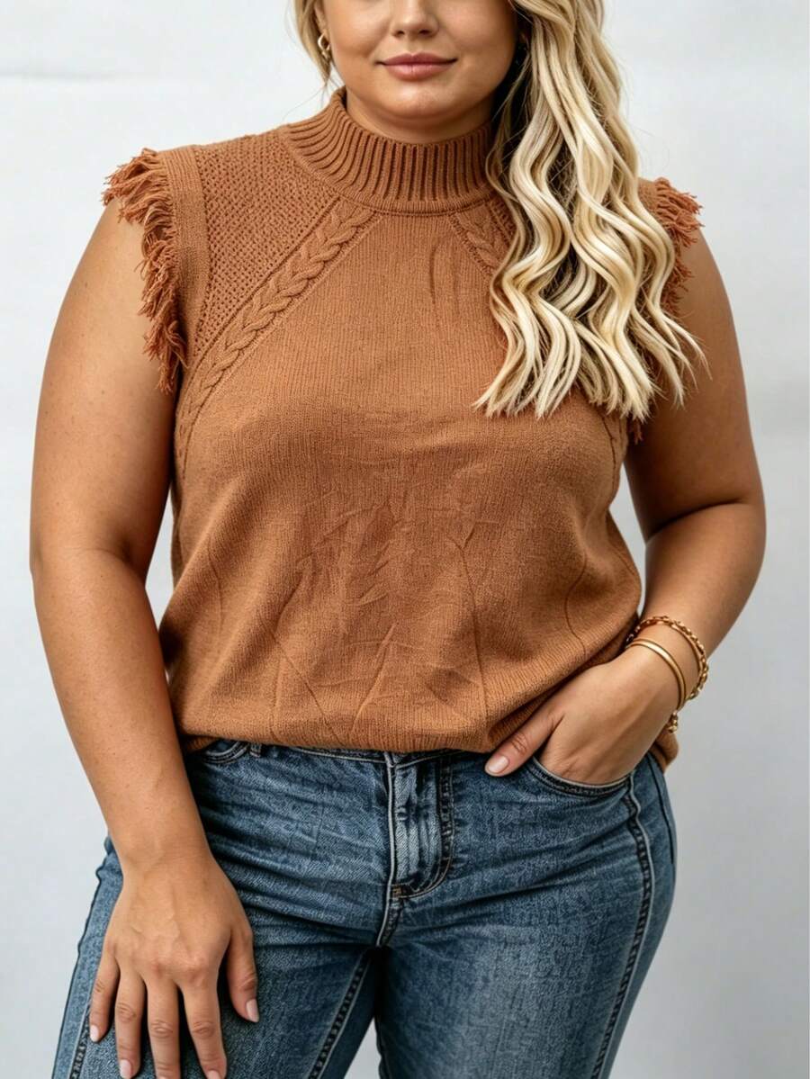 Women's Plus Size Solid Color Stand Collar Tassel Design Knit Vest Brown Fall - Brown - View 1
