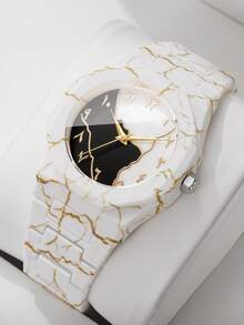 Women's Plastic Strap Fashion Marble Pattern Arabic Numeral Dial Classic Casual Quartz Wristwatch, Gift For Girlfriend (1pc/Set) Watch Box Not Included - White - View 1