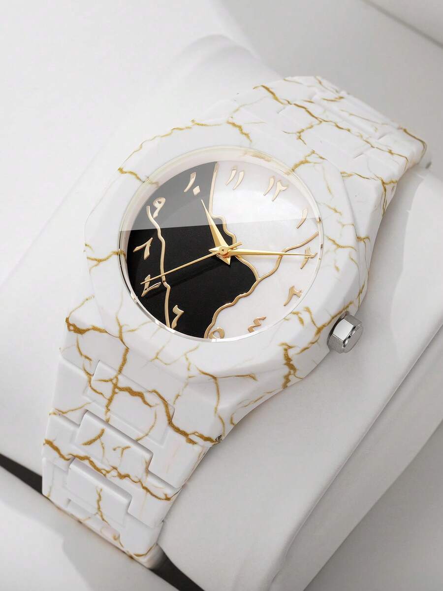 Women's Plastic Strap Fashion Marble Pattern Arabic Numeral Dial Classic Casual Quartz Wristwatch, Gift For Girlfriend (1pc/Set) Watch Box Not Included - White - View 1